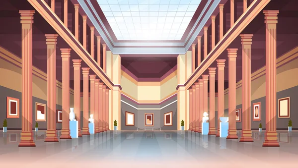 Museo histórico clásico galería de arte sala con columnas y techo de cristal interior exposiciones antiguas y esculturas colección plana horizontal — Vector de stock