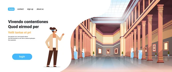 Женщина носит цифровые очки виртуальной реальности классический исторический музей художественной галереи зал с колоннами интерьера древних экспонатов и скульптур коллекция плоской горизонтальной копирования пространства — стоковый вектор