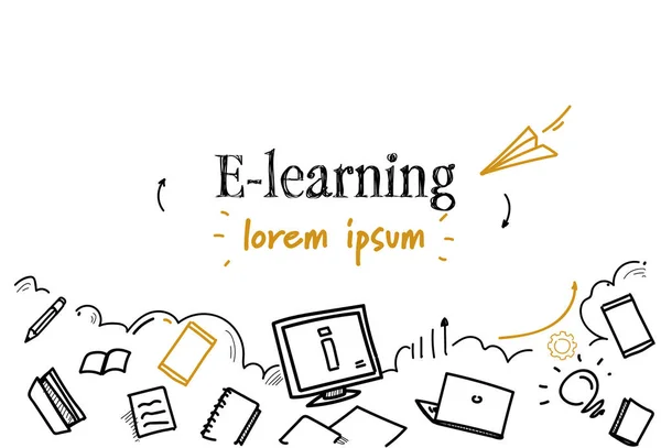 Online utbildning e-learning koncept skiss doodle horisontella isolerade kopia utrymme — Stock vektor