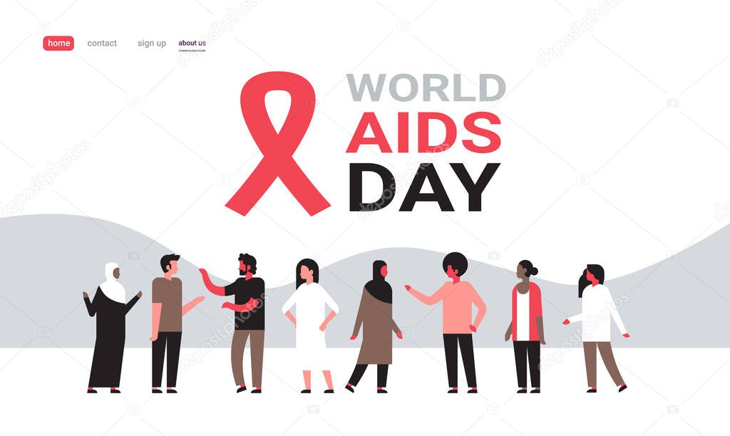 World AIDS day awareness red ribbon sign mix race people group communication medical prevention poster horizontal flat