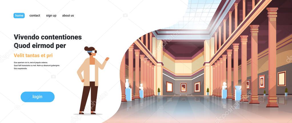 woman wear digital glasses virtual reality classic historic museum art gallery hall with columns interior ancient exhibits and sculptures collection flat horizontal copy space