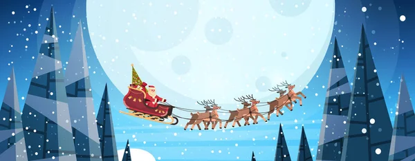 Papai Noel voando em trenó com renas céu noturno sobre lua Feliz Natal feliz ano novo horizontal férias de inverno conceito plana — Vetor de Stock