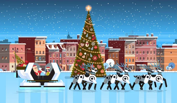 Père Noël avec elfe en robot moderne traîneau avec robot rennes construction de la ville maisons nuit hiver rue joyeux noël heureux nouvelle année célébration concept plat horizontal — Image vectorielle