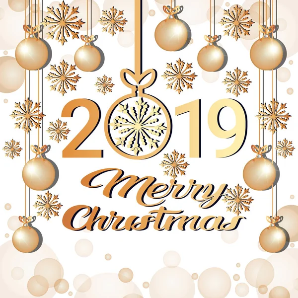 Feliz Navidad feliz año nuevo 2019 concepto bolas de oro copos de nieve decoración tarjeta de felicitación — Vector de stock