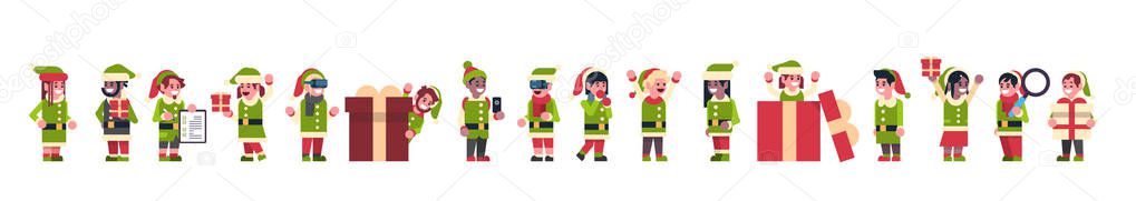 mix race elves girl boy santa claus helper standing together different poses merry christmas holiday new year concept flat isolated horizontal banner