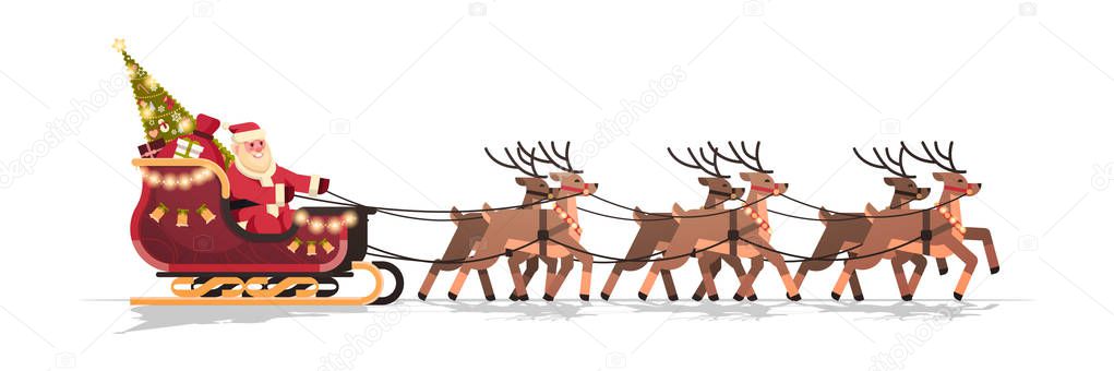 Santa in sleigh with reindeers merry christmas happy new year greeting card winter holidays concept isolated horizontal flat