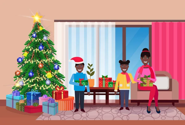 Wesołych Świąt szczęśliwego nowego roku rodziny siedzi salon sosna drzewo Strona główna dekoracja wnętrz zimowe wakacje koncepcja płaskiej, poziomej — Wektor stockowy