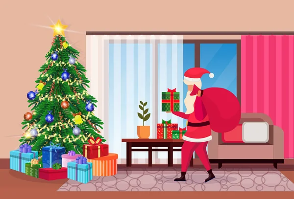 Santa claus drží pytel v obývacím pokoji zdobené Veselé Vánoce šťastný nový rok borovice strom výzdoba interiéru domu Zimní dovolená concept rovinnou a vodorovnou — Stockový vektor