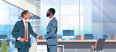 İşadamları karşılıklı anlaşma kavram karışımı yarış iş erkekler ortaklık iletişim modern ofis iç erkek karikatür karakter düz dikey yatay