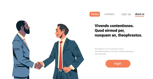 Business men handshake agreement concept mix race business men hand shake international partnership communication male cartoon character isolated flat portrait horizontal copy space — Vetor de Stock