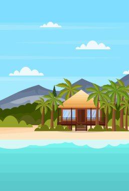 deniz sahil plaj villa Bungalov Otel tropik sahil dağ yeşil avuç içi yatay yaz tatil konsepti ile düz dikey