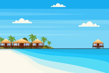tropik ada villa Bungalov Otel plaj sahil yeşil avuç içi yatay yaz tatil kavramı düz yatay ile