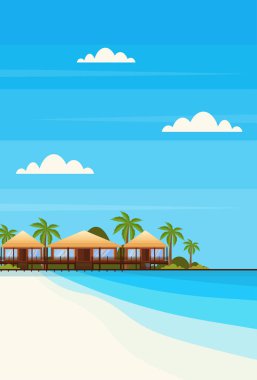 tropik ada villa Bungalov Otel plaj sahil yeşil avuç içi yatay yaz tatil kavramı düz dikey ile