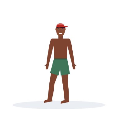 Afro-Amerikan adamın yüzmek giydiğini izole ayakta poz mutlu adam yaz tatil kavramı erkek çizgi film karakteri tam uzunlukta düz şort