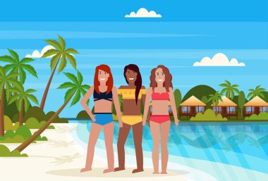 villa Bungalov Otel plaj sahil yeşil avuç içi yatay yaz tatil kavramı düz yatay yarış kızlar tropik adada karıştırın