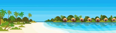 tropik ada villalar Bungalov Otel plaj sahil yeşil avuç içi yatay yaz tatil kavramı düz yatay afiş ile