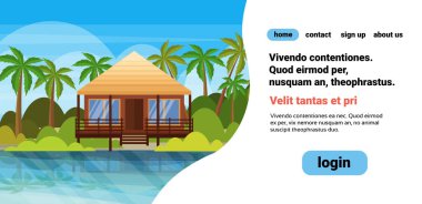 tropik ada villa Bungalov otel, plaj sahil yeşil avuç içi yatay yaz tatil kavramı düz yatay kopya alanı
