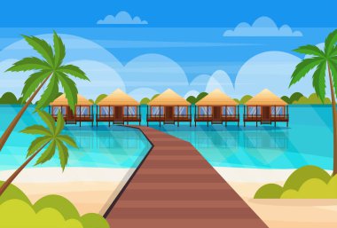 tropik ada ahşap yol villa Bungalov Otel plaj sahil yeşil avuç içi deniz manzarası yaz tatil kavramı düz yatay