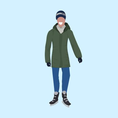 adam patenci giyen kış giyim adam erkek çizgi film karakteri tam uzunlukta düz mavi arka plan buz pateni