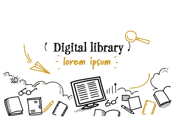 Medya kitap eBook Dijital Kütüphane kavramı kroki doodle yatay izole kopya alanı okuma — Stok Vektör