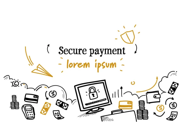 Segurança financeira bancário seguro conceito de pagamento esboço doodle horizontal isolado espaço de cópia —  Vetores de Stock