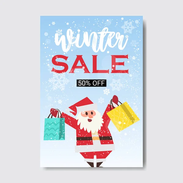 冬季销售刻字设计圣诞老人举行购买新的一年假期购物模板特别折扣提供概念垂直海报平台 — 图库矢量图片