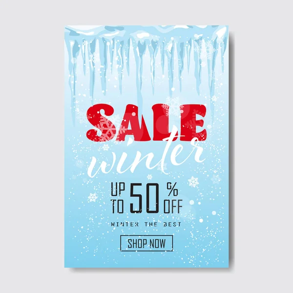 冬季销售刻字设计冷冻冰柱季节购物模板特别折扣提供概念垂直海报单位 — 图库矢量图片