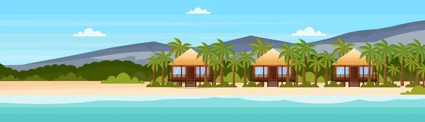 Tropical island with villa bungalow hotel on beach seaside mountain green palms landscape summer vacation concept flat horizontal banner — Stock Vector