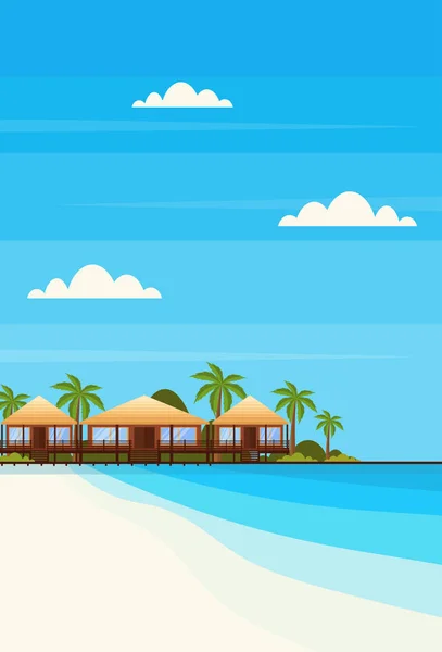 Tropical island with villa bungalow hotel on beach seaside green palms landscape summer vacation concept flat vertical — Stock Vector