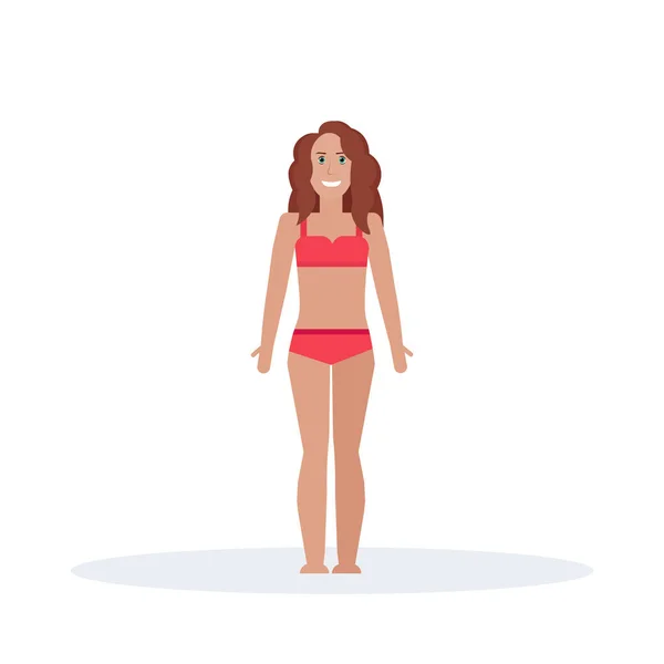 Mladí bikiny ženy stojící v plavky šťastná dívka letní dovolené koncept ženské kreslený charakter celé délce plochý, samostatný — Stockový vektor