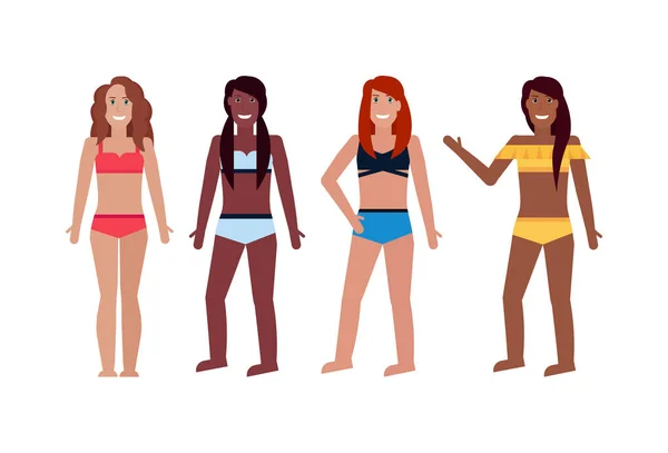 Mix závod bikiny ženy stojící společně v plavky happy dívky letní dovolenou koncept ženské kreslené postavy po celé délce ploché izolované horizontální — Stockový vektor