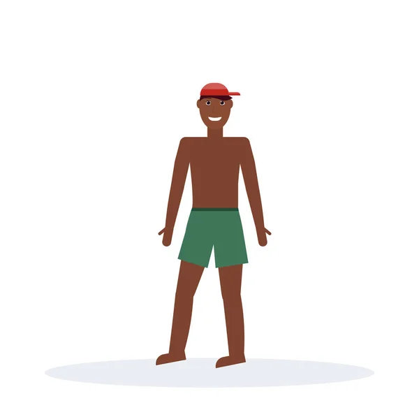 Afro-américain homme portant short de bain pose debout heureux gars vacances d'été concept mâle personnage de bande dessinée pleine longueur appartement isolé — Image vectorielle