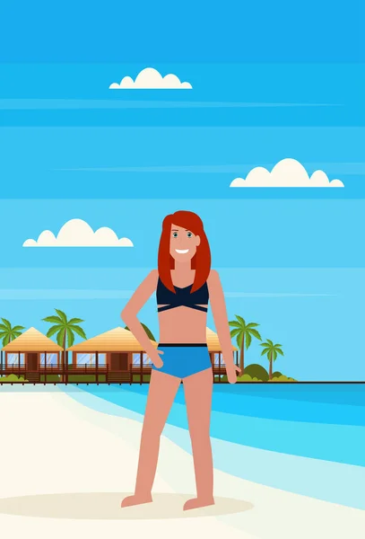 Bikini mujer en isla tropical con villa bungalow hotel en playa playa palmeras verdes paisaje verano vacaciones concepto plano vertical — Archivo Imágenes Vectoriales