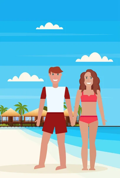 Casal homem mulher na ilha tropical com villa bungalow hotel na praia mar verde palmas paisagem verão férias conceito plana vertical —  Vetores de Stock