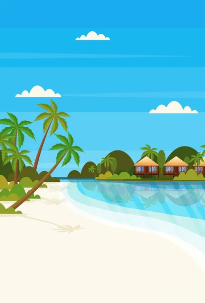 Isla Tropical Con Villa Bungalow Hotel Playa Playa Palmeras Verdes — Vector de stock