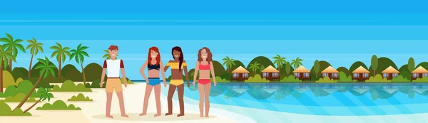 Mix race people on tropical island with villa bungalow hotel on beach seaside green palms landscape summer vacation concept flat horizontal banner — Stock Vector