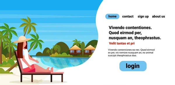 Nő ül ágy lounge székek trópusi sziget villa bungalow hotel strand tengerparti zöld pálmák táj nyári vakáció koncepció sík és vízszintes másol hely — Stock Vector