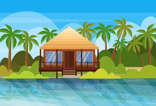 Île tropicale villa bungalow hôtel sur la plage bord de mer vert palmiers paysage vacances concept appartement horizontal — Image vectorielle