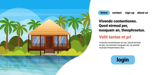 Trópusi szigeten villa bungalow hotel strand tengerparti zöld pálmák táj nyári vakáció koncepció sík és vízszintes másol hely — Stock Vector