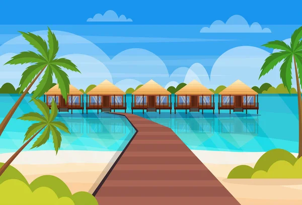 Tropical island wooden path villa bungalow hotel on beach seaside green palms seascape summer vacation concept flat horizontal — Stock Vector
