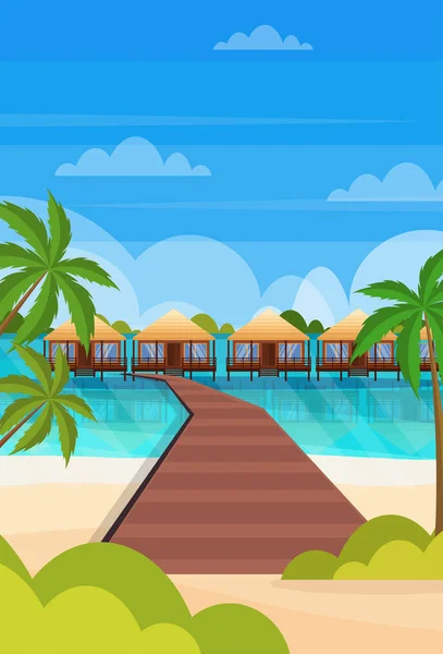 Tropical island wooden path villa bungalow hotel on beach seaside green palms seascape summer vacation concept flat vertical — Stock Vector