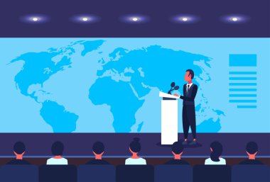 kürsü iş toplantısında dünya harita hoparlör International forum yatay banner düz konuşmak işadamı politikacı