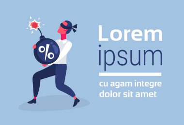 Yüzde bomba kredi borç ekonomi kriz riski kavramı çizgi film karakteri yatay kopya alanı düz taşıyan işadamı