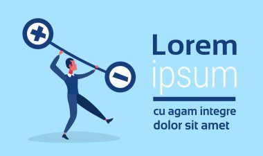 Ağırlık dengesi tutan işadamı eksi işareti borç kredi krizi kavramı pozitif negatif borç kredi erkek çizgi film karakteri düz yatay kopya alanı ölçekler