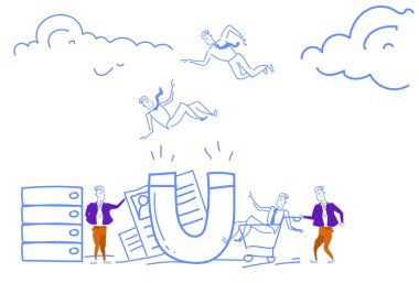 Müşteri tutma işadamları dev mıknatıs istemci şeyler işe alım kavramı en iyi özgeçmiş işçi başarı stratejisi cazibe yatay kroki doodle yakalamak çekiyor