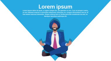 Hintli işadamı Ulusal giyim erkek çizgi film karakteri tam uzunlukta yatay kopya alanı düz meditasyon lotus yoga poz oturan