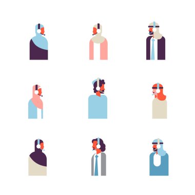 Destek Arap iş adamı online hizmet düz izole kadın kulaklık çağrı merkezi erkek kadın ofis işçi koleksiyonu portre karikatür karakter kümesi