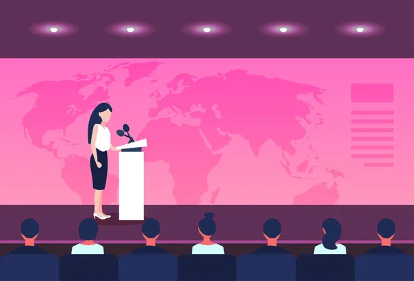 Conférence d'affaires homme politique femme d'affaires parlant de tribune sur la carte du monde haut-parleur forum international bannière horizontale plat — Image vectorielle