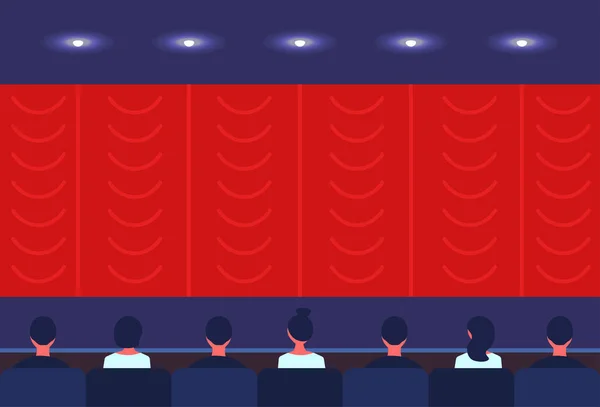 Pessoas sentam cinema sala de cinema de volta visão traseira olhando cortinas negócio vídeo apresentação esperando filme começar cópia espaço horizontal plana —  Vetores de Stock
