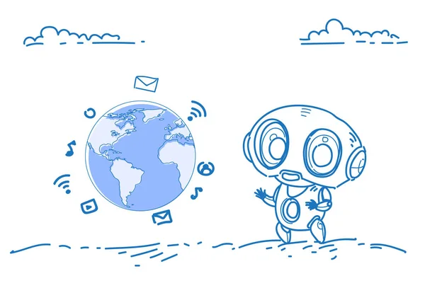 Nowoczesny robot mediów społecznościowych ikony globalnej sieci komunikacji międzynarodowe połączenia online sztuczna inteligencja technologia koncepcja szkic doodle poziome — Wektor stockowy